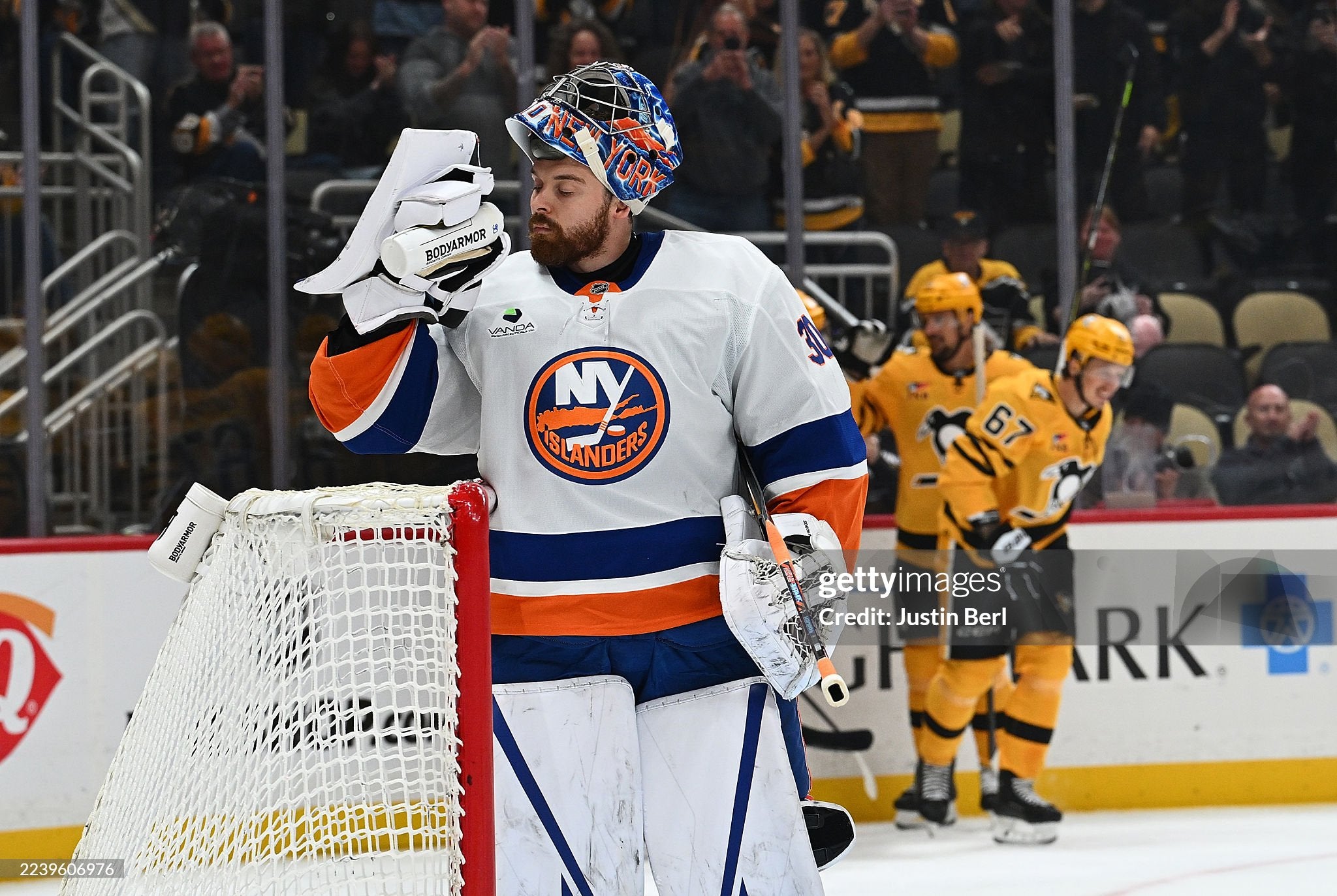 Ilya Sorokin game worn goalie cage photo matched📸 with LOA.