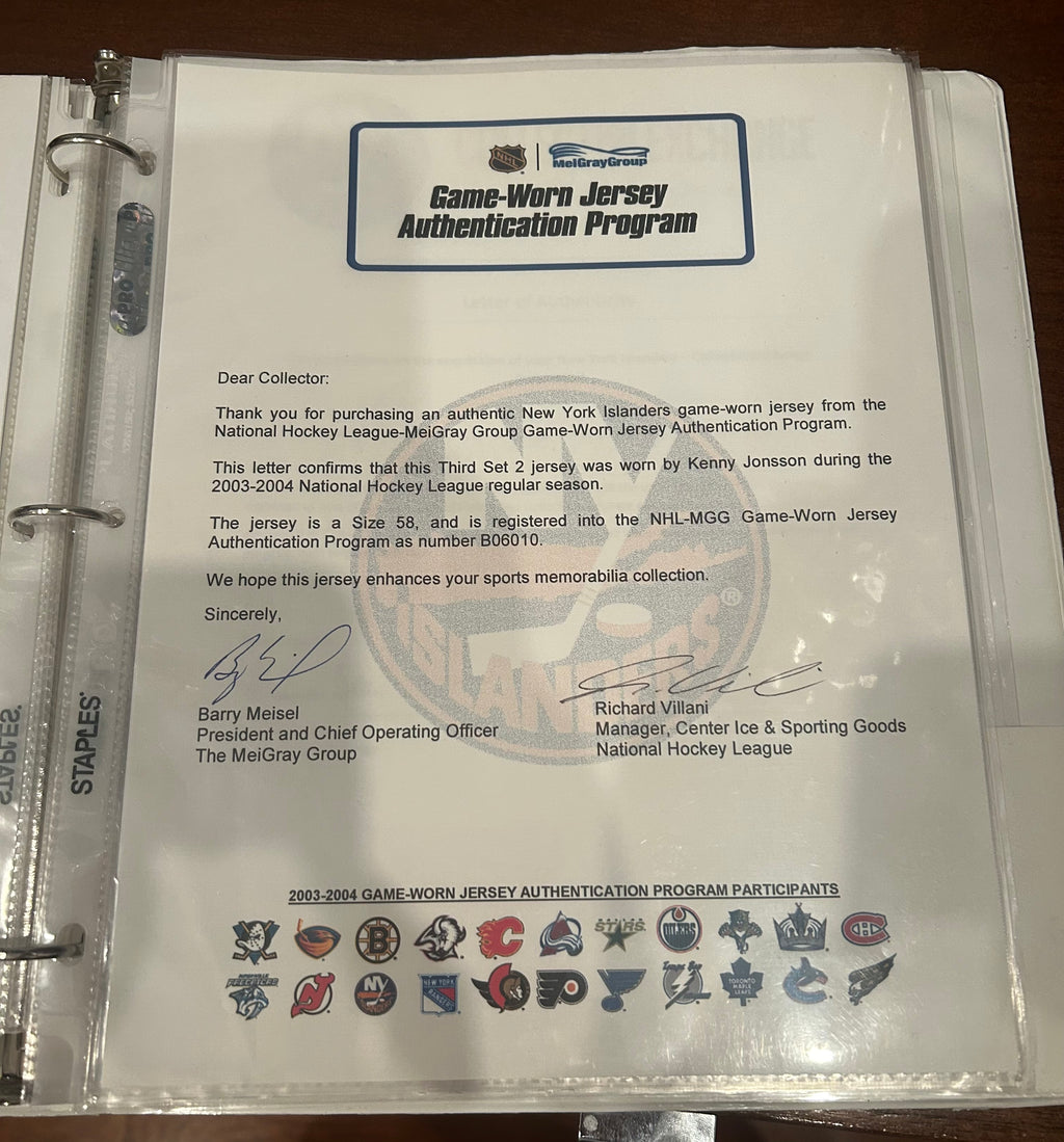 Kenny jonsson game worn jersey with LOA.